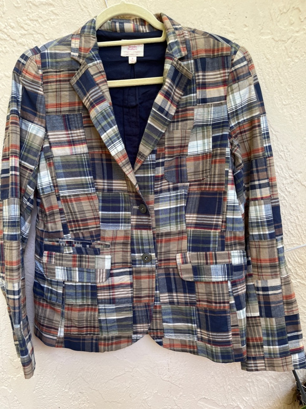 Brooks Brothers Multicolor Plaid Cotton Madras Blazer - Navy, Tan, Red 8